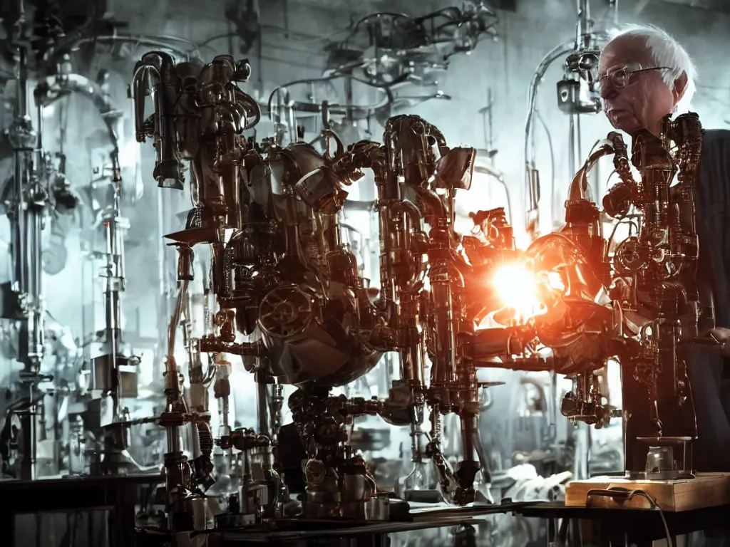 Image similar to bernie sanders building a steampunk clockwork doomsday robot, cinematic moody lighting, sharp focus, dirty laboratory, imax