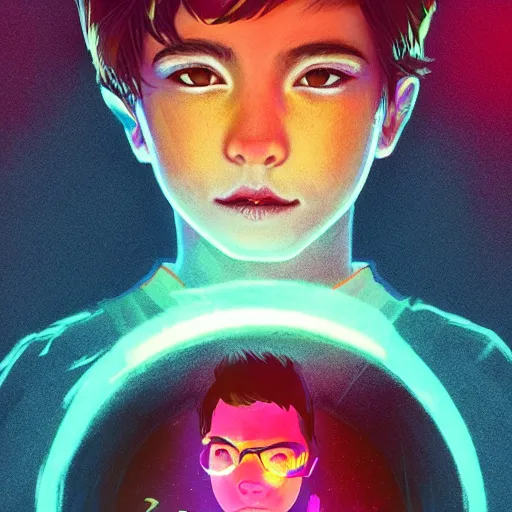 Prompt: a stylized portrait of a young boy as a wizard, stylized, arcane magic, orange vapor, neon color, vivid color, lens flare, volumetric light from above, background by liam wong, art by raymond swanland + marc simonetti + greg rutkowski + harumi hironaka