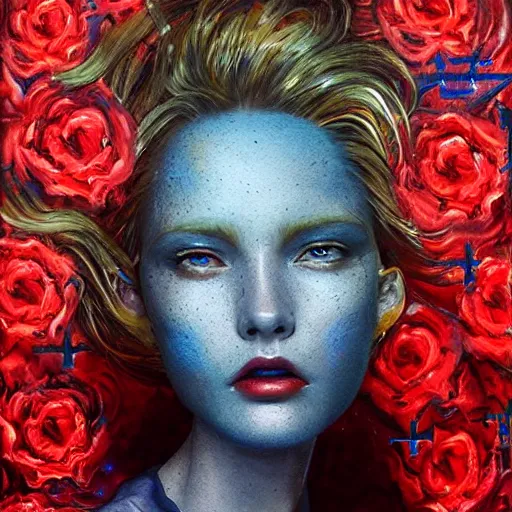 Prompt: 3 d, sci - fi, close - up, screaming fashion model face, sun, cinematic, clouds, sun rays, vogue cover style, poster art, blue mood, realistic painting, intricate oil painting, high detail illustration, small red roses, figurative art, multiple exposure, poster art, by tooth wu and wlop and beeple and greg rutkowski