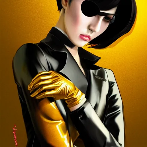 Image similar to Goro Majima as slim girl, gold suit jacket in snake print, black leather gloves, short black hair, black eye patch, elegant, 2d, ultra highly detailed, digital painting, smooth, sharp focus, artstation, art by Ilya Kuvshinov