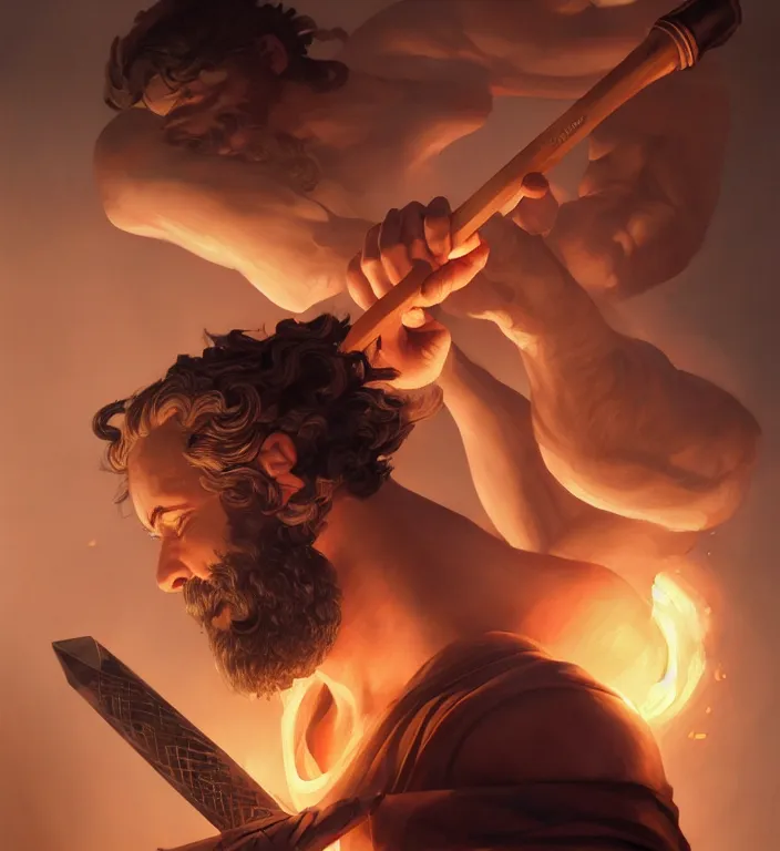 Prompt: masterpiece portrait of a greek god hephaestus, top lighting, holding forge hammer, art by charlie bowater and wenjun lin and starember and gil elvgren, ilya kuvshinov, cryengine, lumion render, 8 k realistic hyper detailed, digital painting, artstation, concept art, ray tracing, realistic shaded