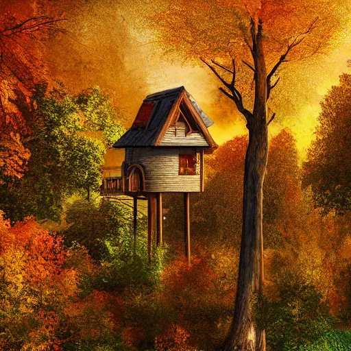 Image similar to a village full of tree houses nestled in a forest, golden hour, autumn leaves, realistic high quality art digital art