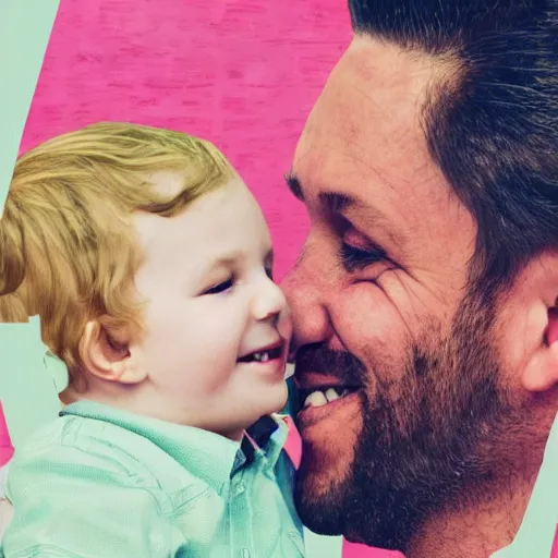 Prompt: hyperdetailed beautiful digital paper collage of a beautiful father with a beautiful child, smiling at each other. interesting textures in vibrant pastel tones. maximalism. half-lenght. matte background. HD 8x
