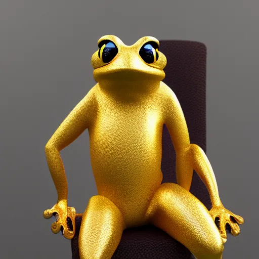 Image similar to octane render of an anthropomorphic golden frog sitting in a chair in an office, very detailed, very intricate, dslr,