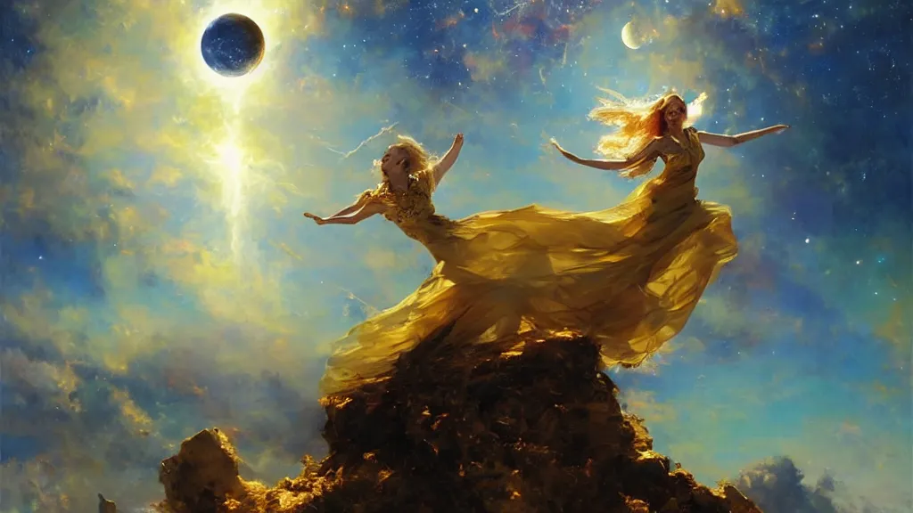 Prompt: a powerful golden witch floats on a horizon divided by her, the background is torn between the sun and the moon, in the background you can see the milky way. by Daniel F. Gerhartz, hyperrealistic oil painting, 4k, studio lightning, baroque