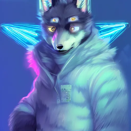 Prompt: an anthro anthropomorphic furry fursona hybrid of a blue german shepherd and a blue fox, with blue fur and blue eyes in a cyberpunk outfit, walking in cyberpunk neon streets, award winning digital art, trending on furaffinity, artstation, pixiv