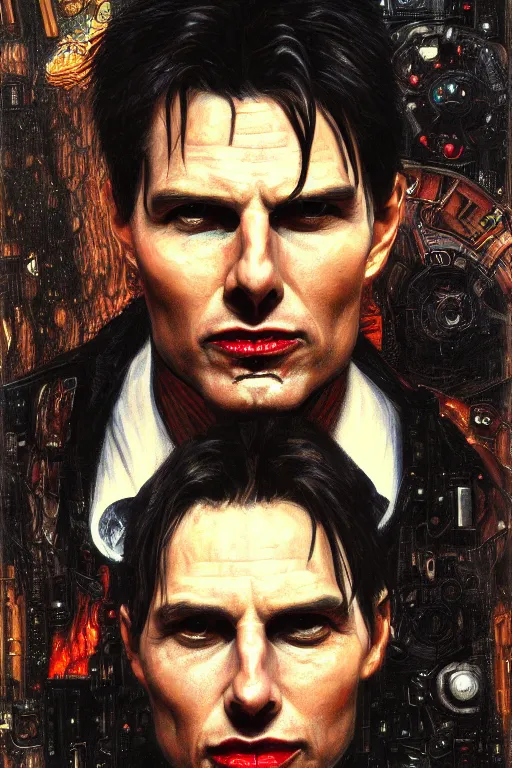 Image similar to portrait of demonic gothic Tom Cruise, cyberpunk, Warhammer, highly detailed, artstation, illustration, art by Gustav Klimt