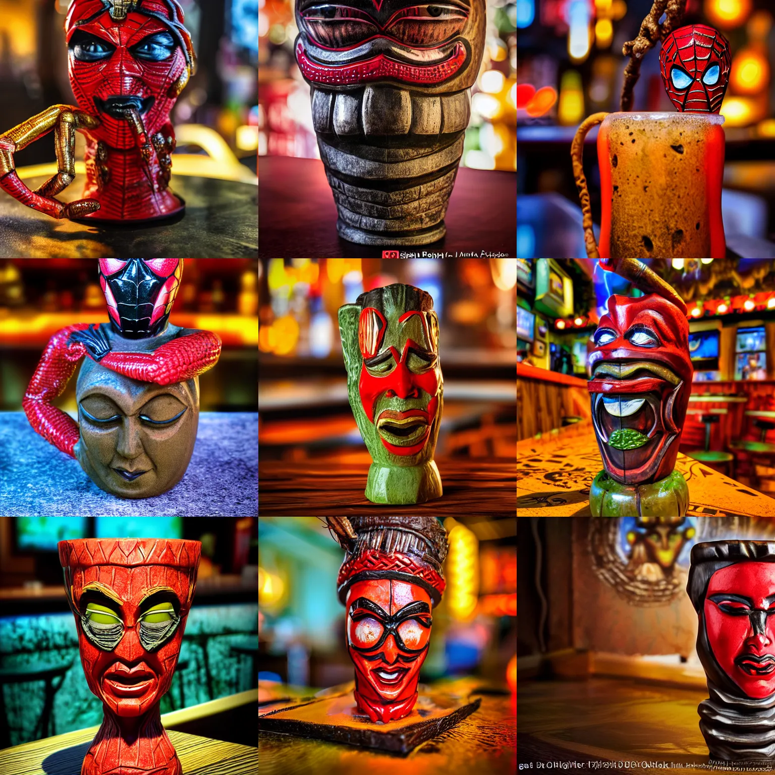 Prompt: a closeup photorealistic photograph of a spider woman style tiki mug sitting at a oasis vic's bar featuring spider woman's face. tiki theme. bright scene. fine detail. this 4 k hd image is trending on artstation, featured on behance, well - rendered, extra crisp, features intricate detail, epic composition and the style of unreal engine.