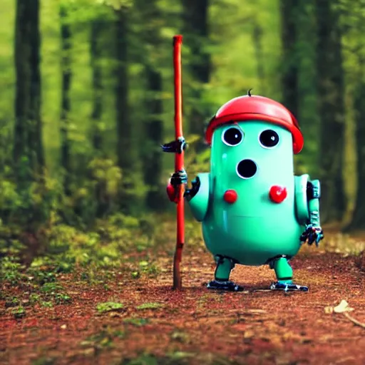 Prompt: cute robot with tomato hat and a walking stick, trekking in a forest, pixar style