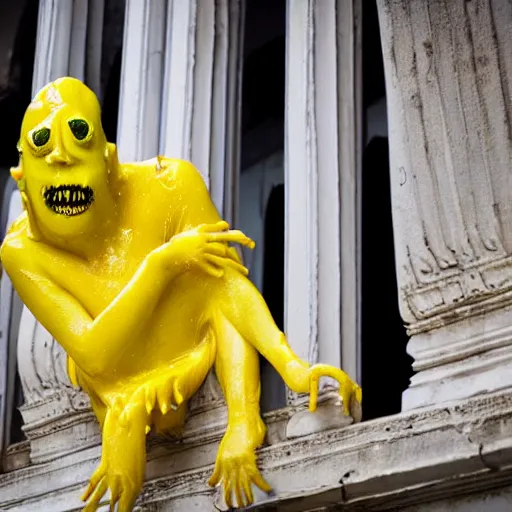 Prompt: a horrific creature dripping yellow goo inside a grand palace