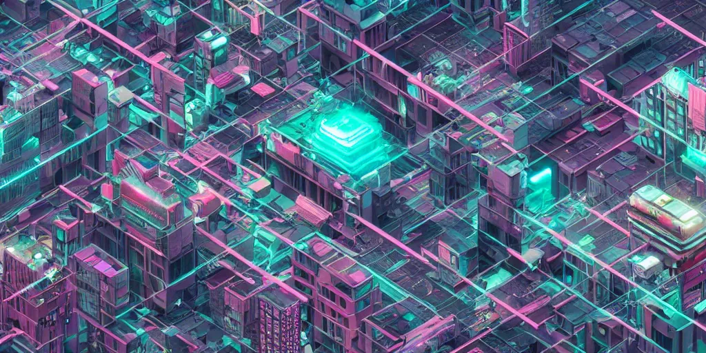 Image similar to cyberpunk city, isometric, 4K, vray render, wide angle