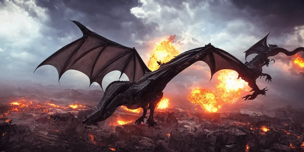 Image similar to dragon flying over post apocalyptic earth with fire everywhere and destroyed buildings, surreal, sharp focus, digital art, epic composition, concept art, dynamic lighting, intricate, highly detailed, 8 k, unreal engine, blender render