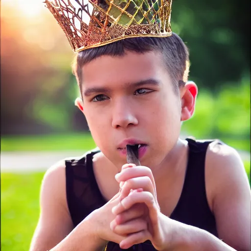 Prompt: A full shot portrait of a boy in a Netted Fishnet Mesh Tanktop wearing a golden diamond crown smoking a cigar on a sunny day in the park, 35mm, 4K, studio lighting