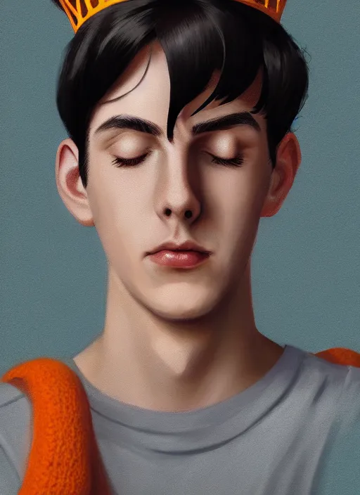 Image similar to portrait of teenage jughead jones wearing a light grey crown, crown, hamburger background, eyes closed, crown, black hair, orange, intricate, elegant, glowing lights, warm lighting, highly detailed, digital painting, artstation, concept art, smooth, sharp focus, illustration, art by wlop, mars ravelo and greg rutkowski