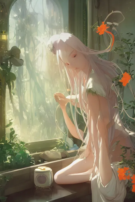 Image similar to a girl with long white hair lying in a bathroom bath at afternoon, plants, astronomical telescope, green and orange theme by krenz cushart and mucha and makoto shinkai and akihito yoshida and greg rutkowski, 4 k resolution