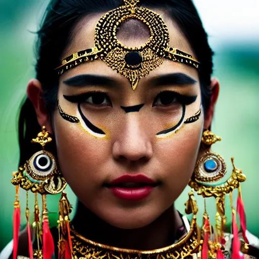 Image similar to portrait of a stunningly beautiful asian tribal female, small amount of traditional facepainting, feathers gold studded jewellery, depth of field, zeiss lens, detailed, symmetrical, centered, fashion photoshoot, by Annie Leibovitz and Steve McCurry, David Lazar, Jimmy Nelsson, Breathtaking, 8k resolution, extremely detailed, beautiful, establishing shot, artistic, hyperrealistic, beautiful face, octane render