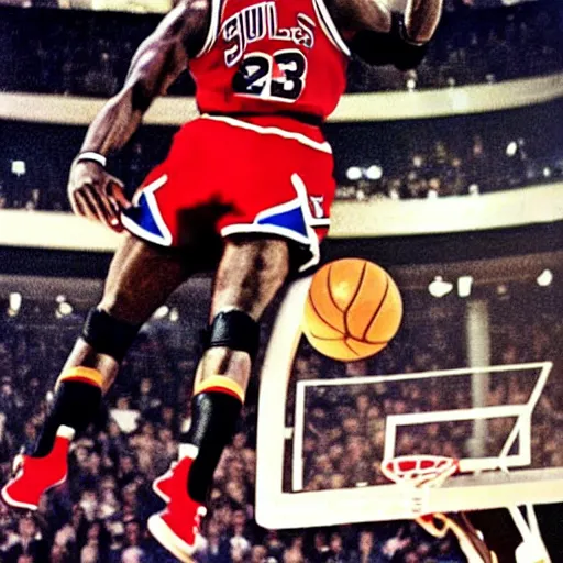 Prompt: michael Jordan as superman dunking a basketball