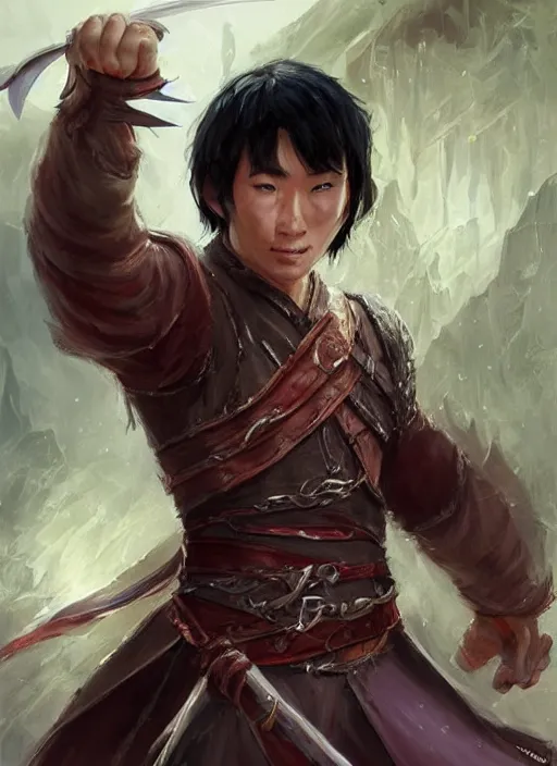Prompt: asian with medium black hair man, helpless point of view, camera low angle, dndbeyond, bright, colourful, realistic, dnd character portrait, full body, pathfinder, pinterest, art by ralph horsley, dnd, rpg, lotr game design fanart by concept art, behance hd, artstation, deviantart, hdr render in unreal engine 5