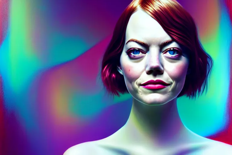 Image similar to surreal Portrait of Emma Stone in dmt chromatic surreal liquid enviroment , elegant, highly detailed, smooth, photoreal, sharp focus, illustration, beautiful, geometric, dmt trending on artstation, cinematic, artwork by WLOP