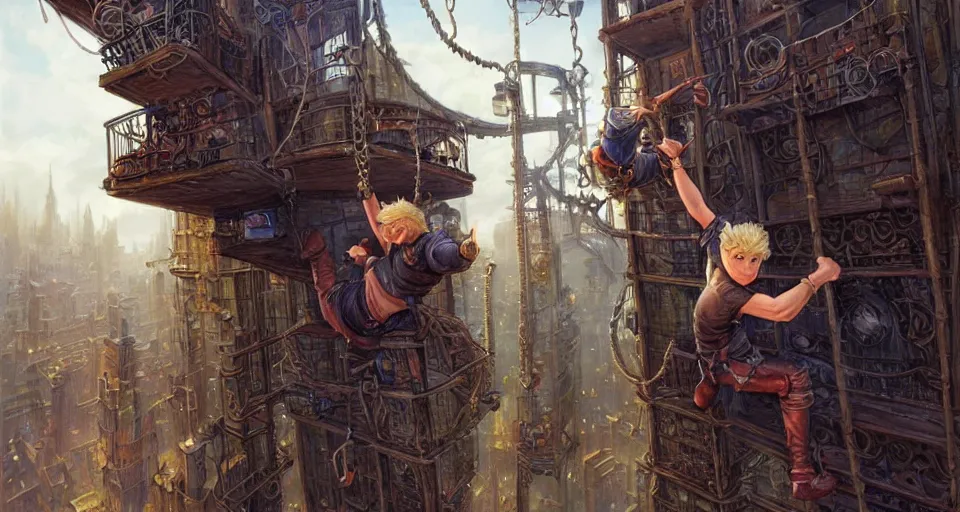 Image similar to landscape painting of a blonde boy thief in leathers using a rope to climb a tall metal steampunk buildings within a fantasy city with bridges, fine details, andreas rocha, magali villeneuve, artgerm, rutkowski