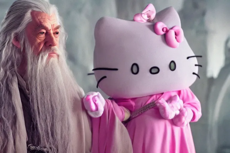 Prompt: scruffy looking Gandalf wearing pink Hello kitty costume, meeting regular Gandalf the white, dramatic lighting, movie still from Lord of the Rings, cinematic