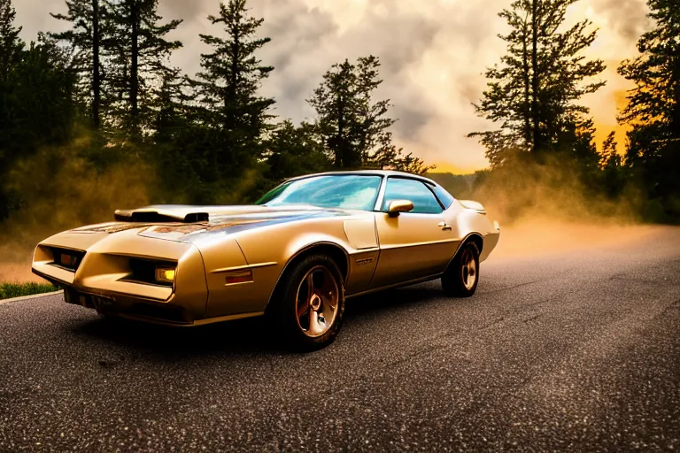 Image similar to pontiac firebird with glowing paint, sunrise, eerie light, fireflies, dog watching the car, dramatic, cinematic, forest, horror, sunbeams, volumetric lighting, wide shot, low angle, lightning storm hitting the car