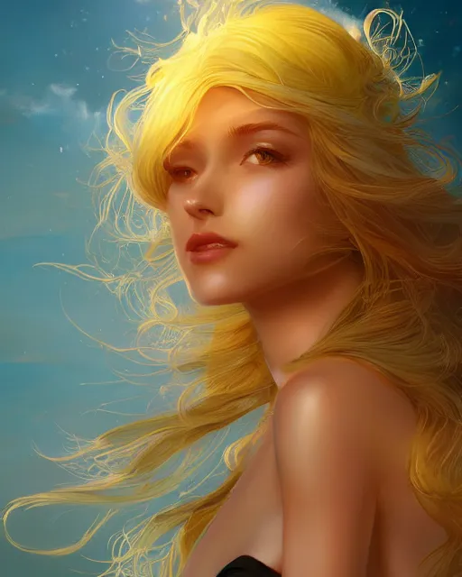 Image similar to a beautiful sun goddess, flowy yellow golden hair, sun, summer, cinematic lighting, highly detailed, digital painting, trending on artstation, pixiv, concept art, sharp focus, illustration, art by ross tran and wlop