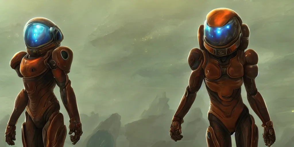 Image similar to Samus in the varia suit standing in the middle of a desolate planet, full body shot, wearing her helmet, the planet is full of otherworldly natural structures, a moon floats above the horizon, futuristic, artstation, digital 2d drawing, high detail