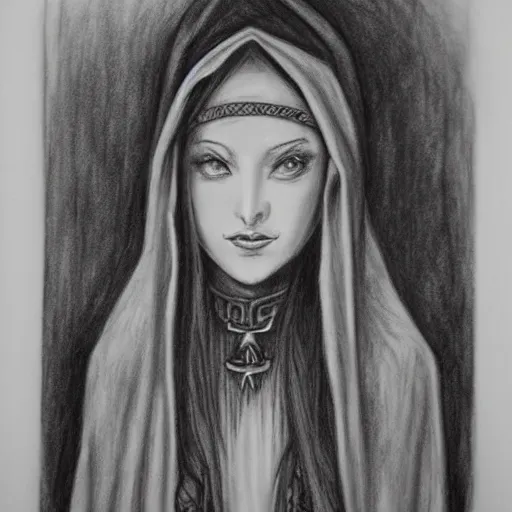 Prompt: charcoal drawing of a elvish priestess