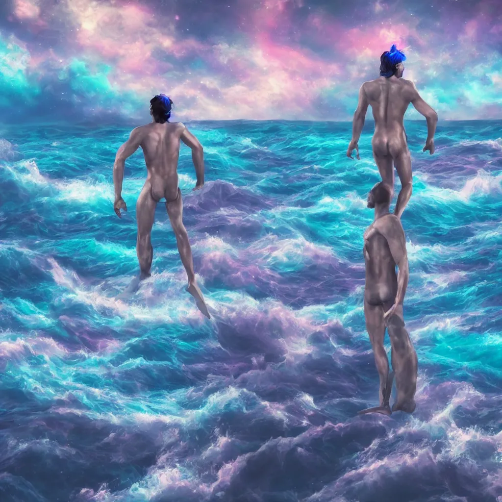 Prompt: blue merman standing overlooking an ocean, 4k, art station, detailed, vaporwave, galaxy sky