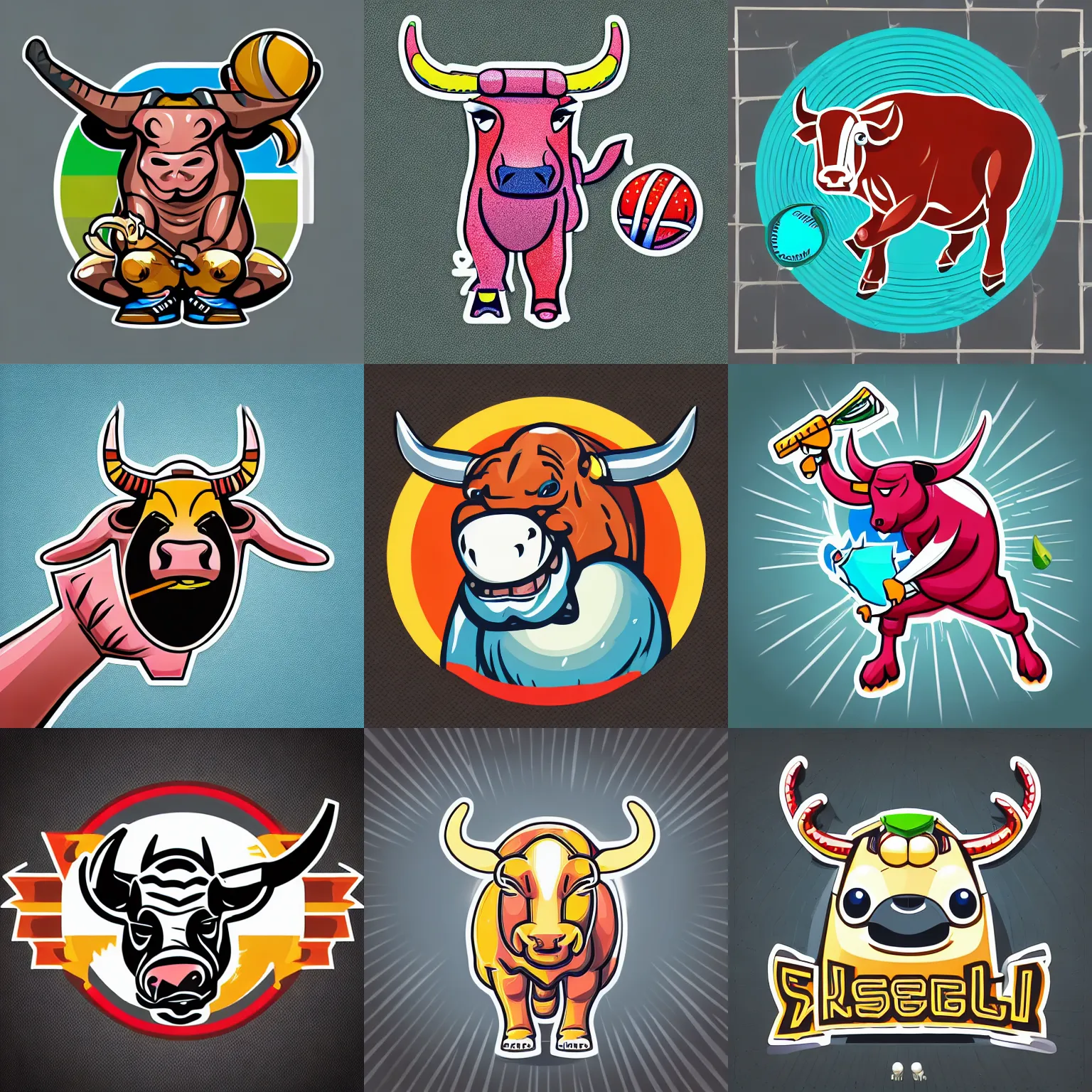 Image similar to “ aggressive bull with a cricket ball, full body mascot, sticker, highly detailed, colorful, illustration, smooth and clean vector curves, no jagged lines, low noise, vector art, logo ”