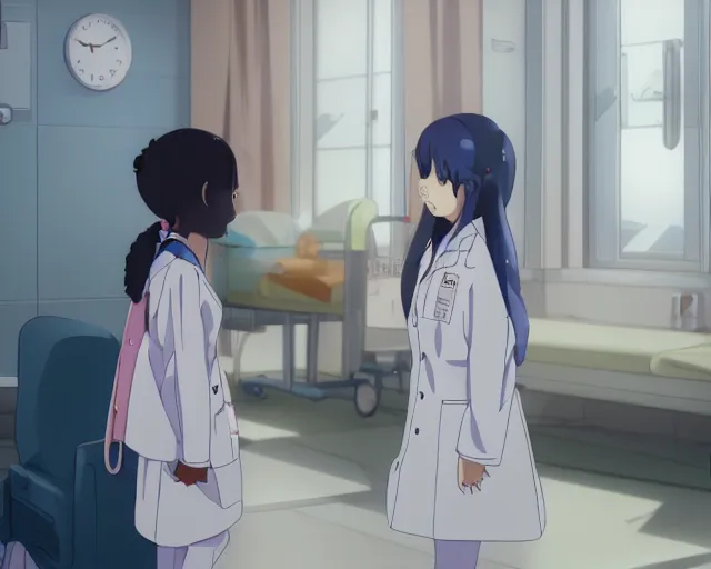 Image similar to a cute young female doctor wearing white coat are talking to a little girl in a hospital, slice of life anime, lighting, anime scenery by Makoto shinkai