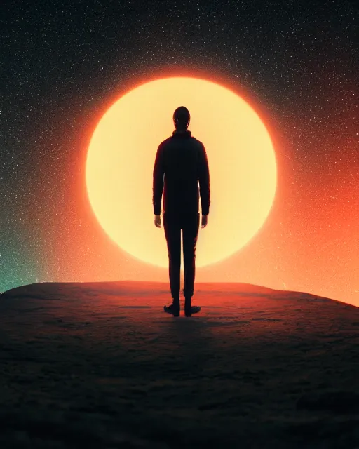 Image similar to a person standing in front of a glowy open door that's on a barren moon, poster art by mike winkelmann, trending on cg society, space art, sci - fi, ue 5, futuristic, volumetric lighting, light casting onto the ground, neat composition and camera angle