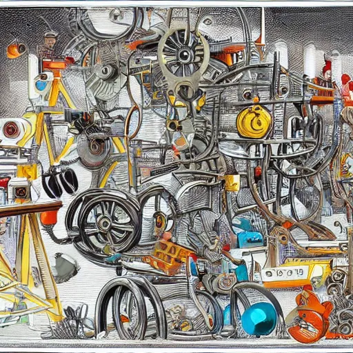 Image similar to a chaotic scene of a crazy machine with lots of details and contraptions. there are many pairs of scissors visible. the illustration is very detailed and intricate, with a lot of small elements that come together to create a cohesive whole. it uses a limited palette of colors, which helps to create a cohesive and unified look.