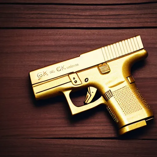Image similar to a medium shot photograph of a gold glock 18 on a wooden background