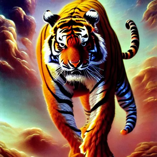 Image similar to futuristic sneakers, fantasy art, ultra realistic, cinematic, wide angle, tiger pattern skin, highly detailed by boris vallejo, scott roberston, neville page, aaron horkey, wayne barlowe, craig mullins, roberto ferri, hajime sorayama