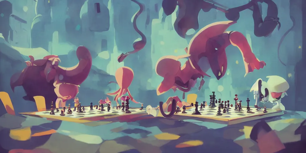 Prompt: cute anime monsters playing chess by Goro Fujita and Simon Stalenhag and Kandinsky and Magritte, 8k, trending on artstation, hyper detailed, cinematic