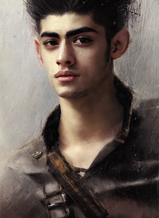 Image similar to head and shoulders portrait painting of young man who looks like zayn malik as an elf by jeremy mann, wearing leather napoleonic military style jacket, only one head single portrait, pointy ears