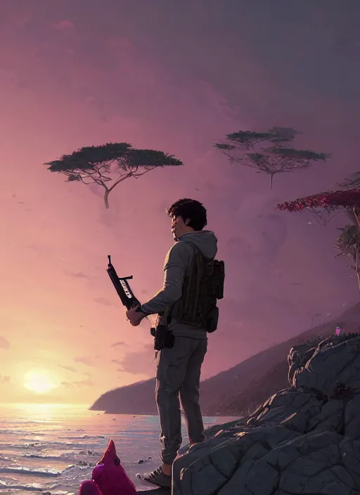 Image similar to highly detailed portrait justin trudeau in ( ( pink hoody ) ) holding ar - 1 5! ( setting costa rica ) in gta v stephen bliss unreal engine fantasy art by greg rutkowski loish rhads ferdinand knab makoto shinkai lois van baarle ilya kuvshinov rossdraws tom bagshaw global illumination radiant light detailed intricate environment