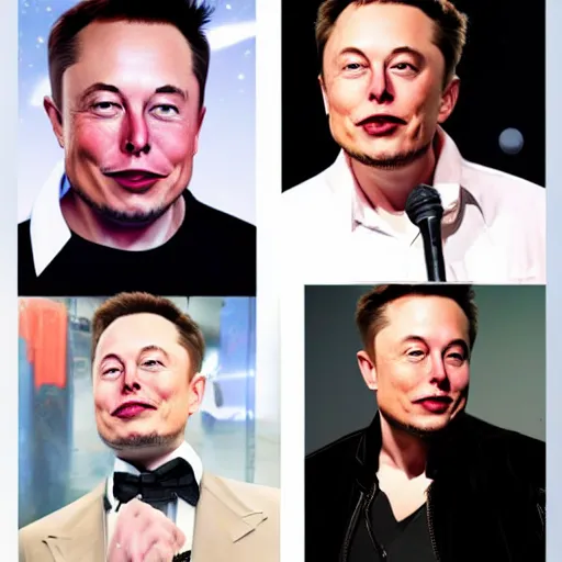 Image similar to elon musk in the style of various artists