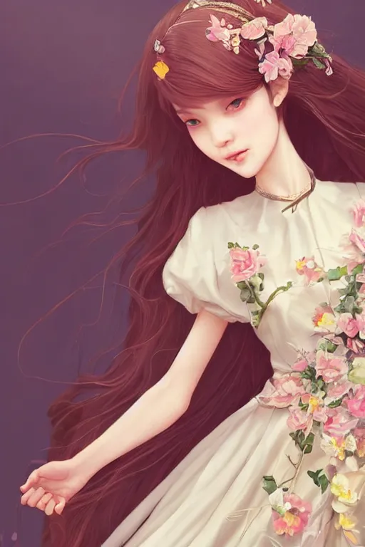 Image similar to romantic and fashion and love princess of the flower with sheath dress, 8 k realistic, teenager girl, baroque, symmetrical, flowing hair, smile, trending pinterest and pixiv, muted colors, hyperrealistic, l close up shot, character concept art, face by kyoung hwan kim, alexandra fomina, ilya kuvshinov