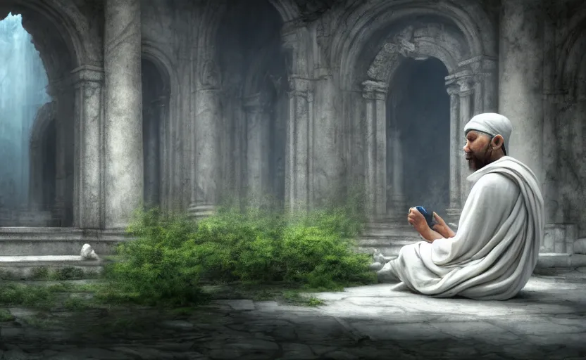 Prompt: barely visible monk wearing a white garment and sitting inside a ruined marble temple while being illuminated by daylight, vegetation, detailed, photorealism, digital painting, 4k