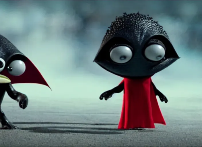 Image similar to film still of real life nibbler, a small black alien with a single antenna on his head, large eyes and 2 fangs wearing a diaper and red cape in the new scifi movie, 4 k