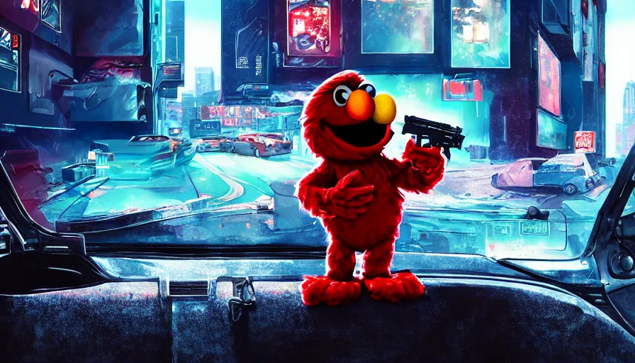 Image similar to elmo!! holding a machine gun leans out of the window of a driving car in cyberpunk, digital art, rendering, hyperrealistic, photorealism