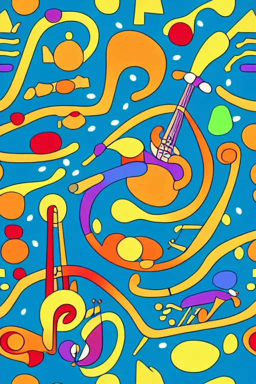 Prompt: seamless 2 d pattern of abstract musical instruments, highly detailed, designed by tarsila do amaral and henri rousseau, graphic design, 8 k, 4 k