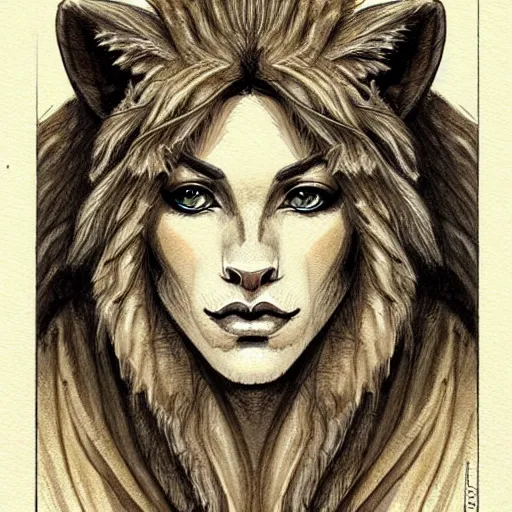 Prompt: highly detailed portrait of a majestic lioness queen in the form of a beautiful woman. d & d, art by anton pieck. trending on artstation, intricate details, energetic composition, golden ratio, concept art, illustration, elegant art, deep focus