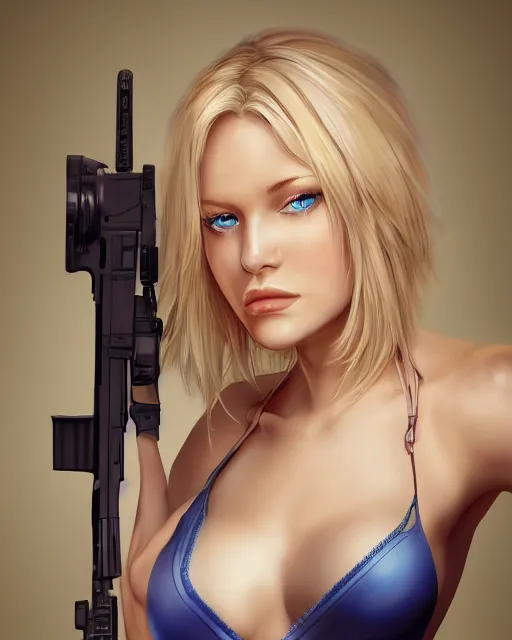 Image similar to side closeup of beautiful blonde female with blue eyes aiming l 9 6 a 1 rifle at target, award winning photography, extremely detailed, artstation, 8 k, sensual lighting, incredible art, wlop, artgerm, backlit, rim lighting, hi - fructose, cellshading, intricate lineart