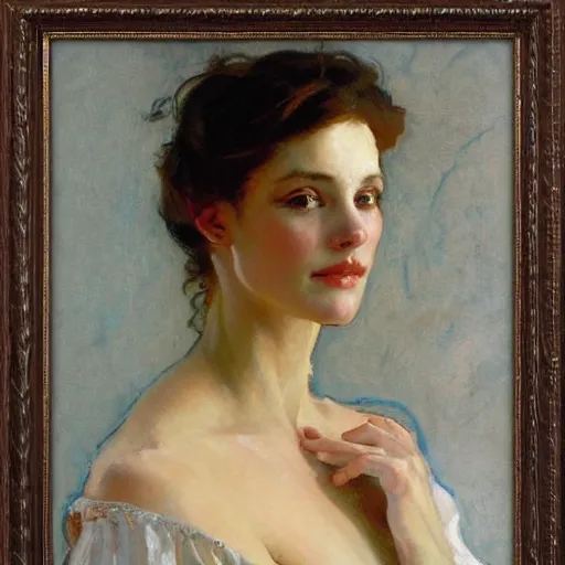 Image similar to portrait of a beautiful woman by gil elvgen, greg manchess, mucha, sorrolla, john singer sargent