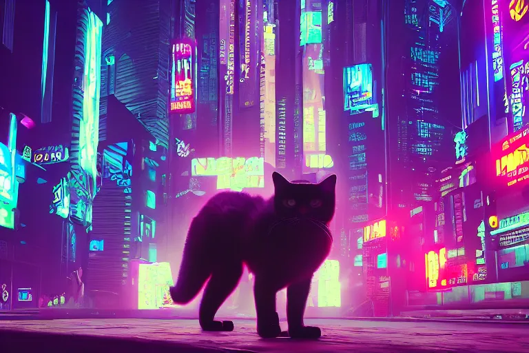 Image similar to cyberpunk ginger cat in the city, neon lighting, rendered in unreal engine, trending on artstation