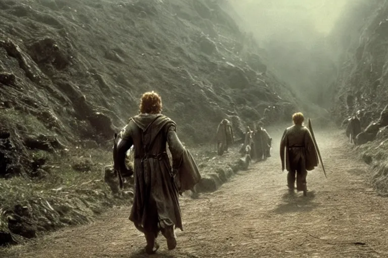 Prompt: lord of the rings directed by david fincher, frodo and samwise in the style of h. r. giger walking down a dirt track